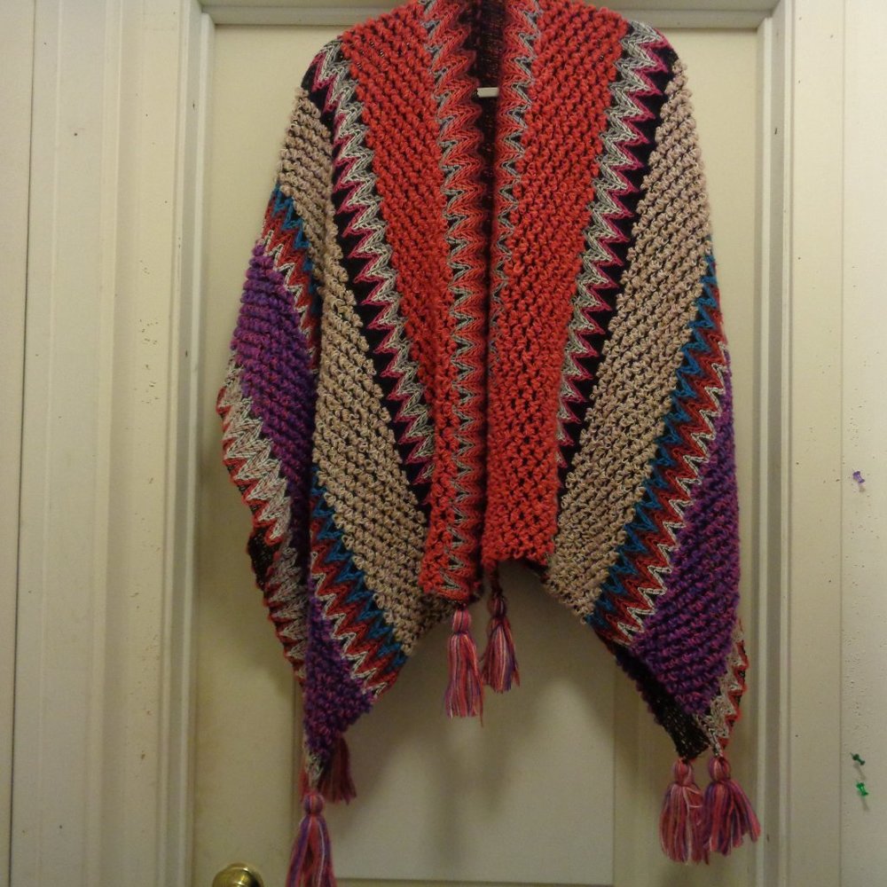 TRENDING PONCHO STYLE OPEN RETRO COLORS LONG FRINGE SOFT KNIT SHAWL ONE …